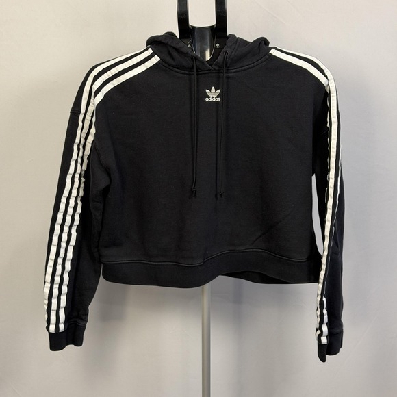 adidas Tops - Adidas Originals Hoodie Womens Medium Black Pullover 3 Stripe Trefoil Cropped